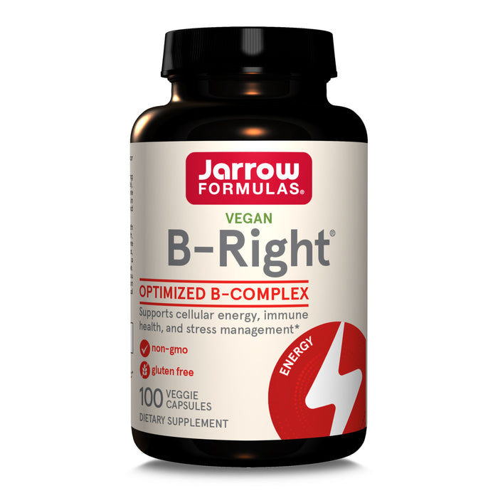 A bottle of Jarrow B-Right Optimized B-Complex, Veggie Capsules features 100 non-GMO, gluten-free capsules for energy support and cellular energy production, with a white label background.