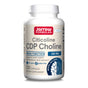 A white bottle of Jarrow CDP Choline 250mg Veggie Capsules, featuring blue and red text, contains 120 capsules and supports brain function and attention performance.