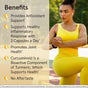 A woman in a yellow workout outfit stretches outdoors. Text highlights Jarrow Curcumin 95 500mg Veggie Capsules: antioxidant support, joint health, healthy inflammation response, high curcuminoids, and no aftertaste.