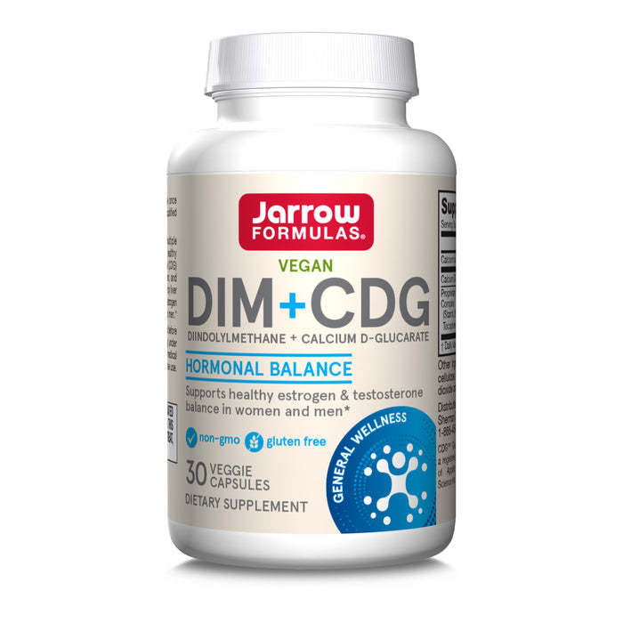 A white bottle of Jarrow DIM + CDG Veggie Capsules with blue and white labels, highlighting hormonal balance support, non-GMO, gluten free, and containing 30 vegan capsules.