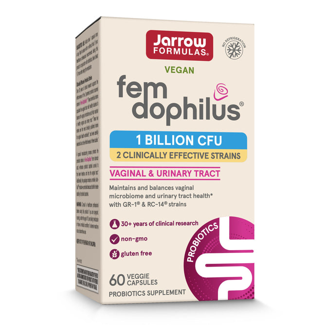 Box of Jarrow Fem-Dophilus Probiotics 1 Billion CFU, featuring 2 clinically effective strains to support vaginal and urinary tract health; 60 non-GMO, gluten-free veggie capsules.