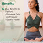 A woman in workout clothes sits cross-legged on a yoga mat indoors. Text beside her highlights the benefits of Jarrow Mastic Gum 1000mg Veggie Capsules for duodenal cells, tissues, and gastrointestinal health, with plants nearby.