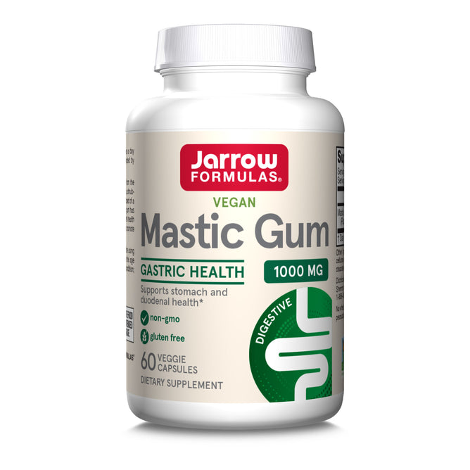A white bottle of Jarrow Mastic Gum 1000mg Veggie Capsules, featuring 60 non-GMO, gluten-free capsules per bottle, labeled for gastrointestinal health.