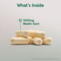 A stack of beige capsules labeled Mastic Gum 1000mg, Veggie Capsules by Jarrow, with text reading “What’s Inside” and an arrow pointing to the capsules. Disclaimer: image is for illustration purposes only.