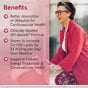 A smiling woman in glasses and floral pants sits outdoors holding a phone. Text on the left highlights Jarrow QH-Absorb 100mg Softgels—clinically studied for better absorption, cardiovascular health, and increased Ubiquinol (Co-Q10) levels.