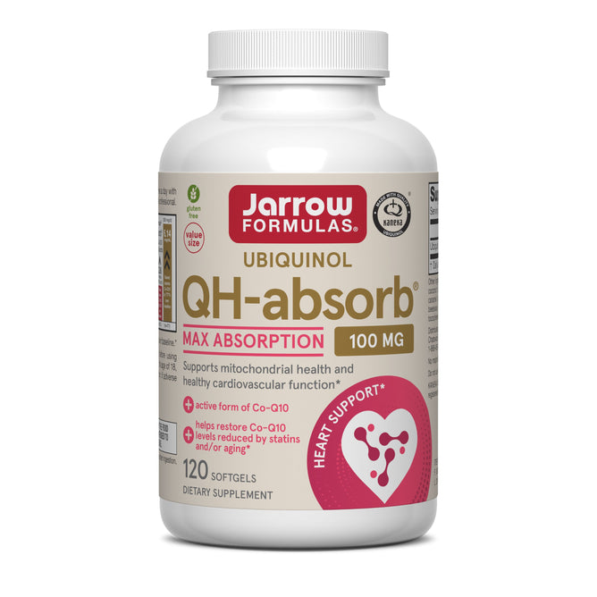 A white bottle of Jarrow QH-Absorb 100mg Softgels contains 120 softgels, features “MAX ABSORPTION” on the label, and highlights heart and cardiovascular health support on the front.