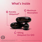 Three dark softgel capsules labeled QH-Absorb 100mg, Softgels by Jarrow are stacked on a pink background. Text highlights “Kaneka Ubiquinol,” “Maximum Absorption,” and “100mg Ubiquinol Co-Q10” for cardiovascular health.