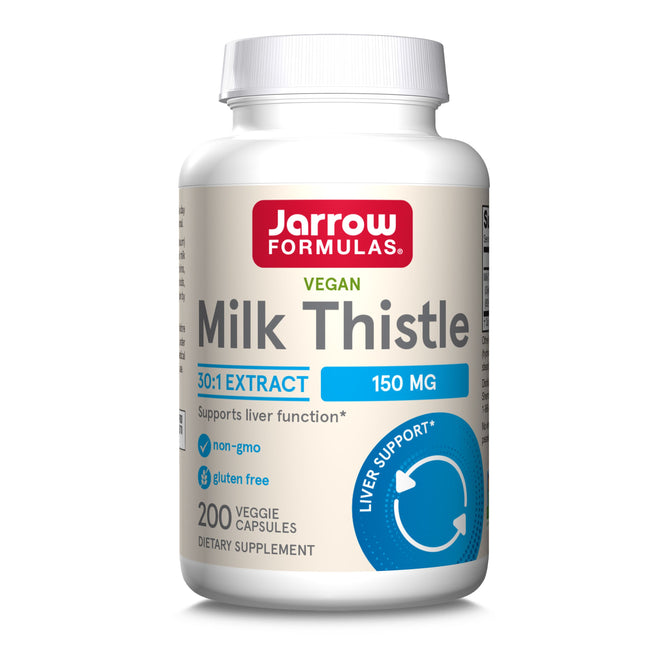 A white bottle labeled Jarrow Milk Thistle 150mg with 30:1 standardized silymarin extract for liver support, containing 200 non-GMO, gluten-free veggie capsules.