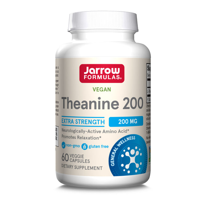 A bottle of Jarrow Extra Strength Theanine 200mg Veggie Capsules contains 60 non-GMO, gluten-free capsules, each delivering 200mg per serving to support relaxation and wellness.