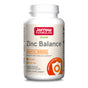 A white bottle of Jarrow Zinc Balance 15mg features a red and orange label with Vegan, Essential Mineral, Immune Support, and contains 100 veggie capsules.
