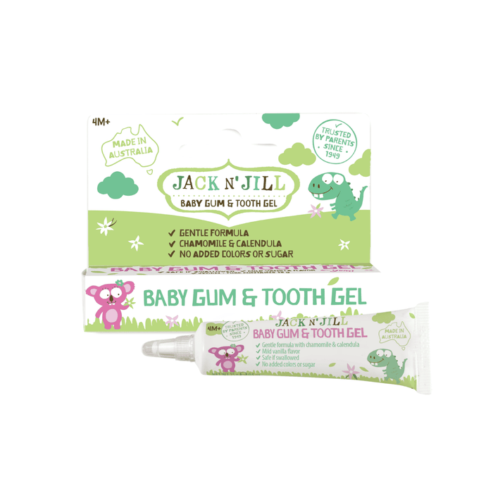 Jack N Jill Baby Gum & Tooth Gel comes in a tube and box with green and pink animal cartoons. Made with chamomile and calendula, it’s gentle for teething, contains no added colors or sugar, and is a natural choice for little ones.