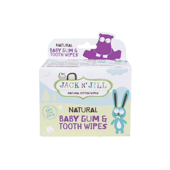 A 25-pack of Jack N Jill Baby Gum & Tooth Wipes, decorated with a purple hippo and blue rabbit—gentle, natural cotton wipes for safe baby oral care from birth.