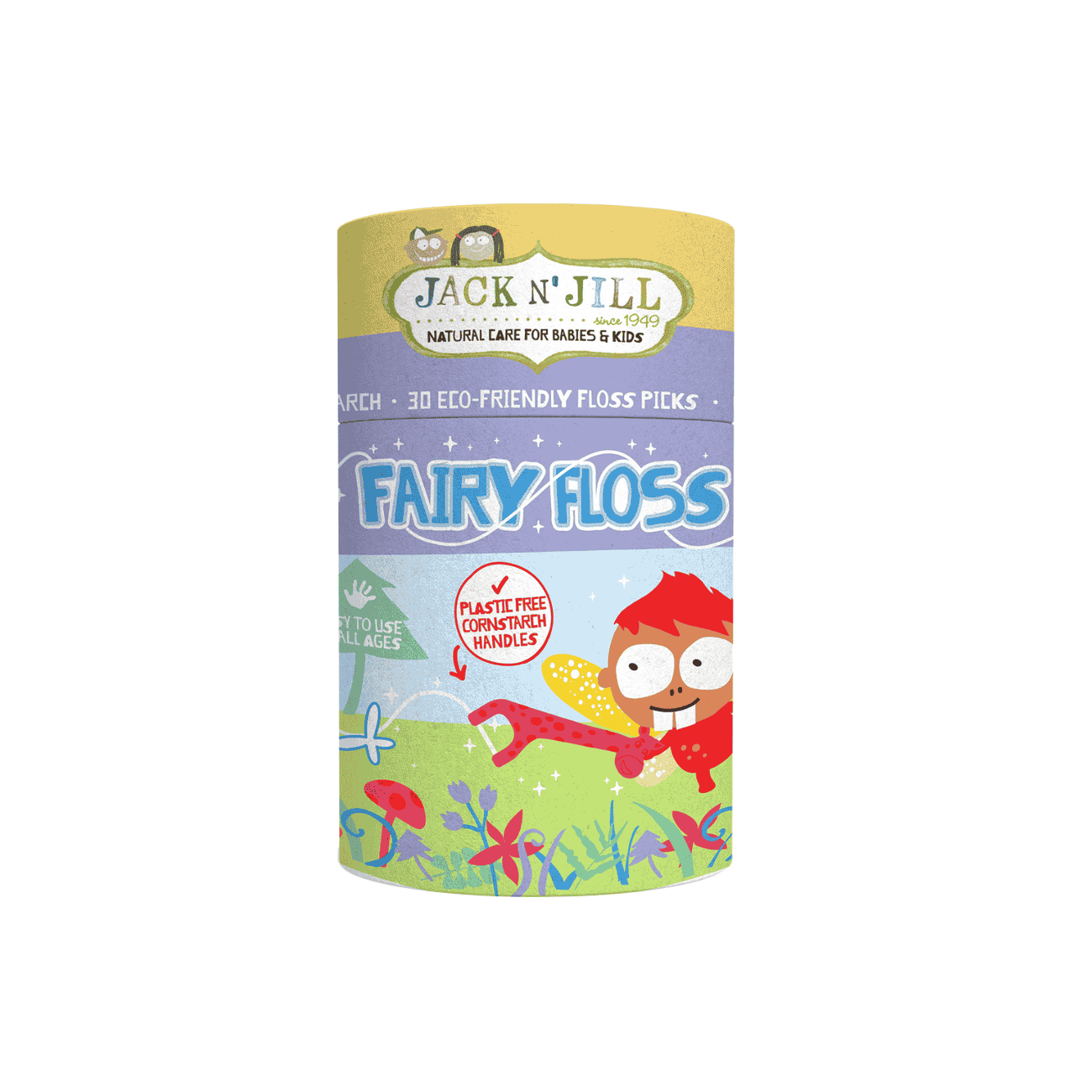 Jack N’ Jill Fairy Floss Floss Picks come in a cylindrical container with a cartoon fairy and colorful plants, designed for kids dental care. The label promotes eco-friendly, plastic-free corn starch handles.