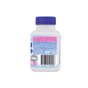 A white bottle with a blue cap displays the back label for Jack N Jill Tooth Sparkles Chewable Teeth Cleaning Tablets, showing directions, supplement facts, ingredients, barcode, a quality seal, and kid-friendly blue and pink decorative text.