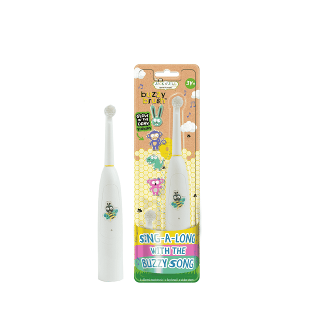 The Jack N Jill Kids Electric Musical Toothbrush Buzzy Brush features fun cartoon animal designs, a replaceable brush head, and comes in colorful Sing-a-long with the Buzzy Song packaging; perfect for kids ages 3+.