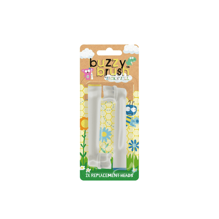 Jack N Jill Buzzy Brush Replacement Heads - 2 Pack feature soft white bristles in clear packaging with a colorful, bee and flower-themed backing. Ideal for your electric musical toothbrush.