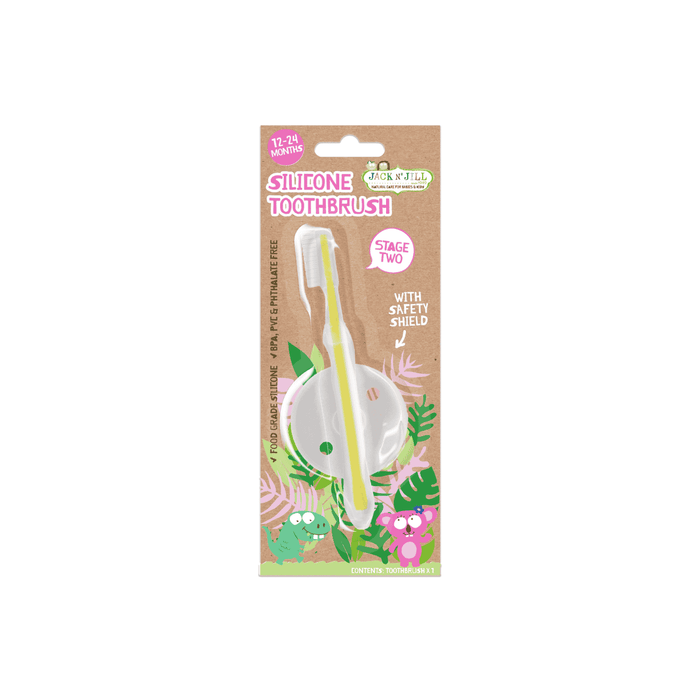 Jack N Jill Silicone Toothbrush STAGE 2 for ages 12-24 months comes in packaging showing the toothbrush with a safety shield and green and pink cartoon animals on a brown background.