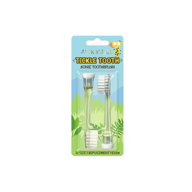 Jack N Jill Tickle Tooth Size 2 Replacement Heads come in clear packaging with a blue sky, green grass design, and a cute giraffe. Each head features soft bristles that gently clean little teeth.