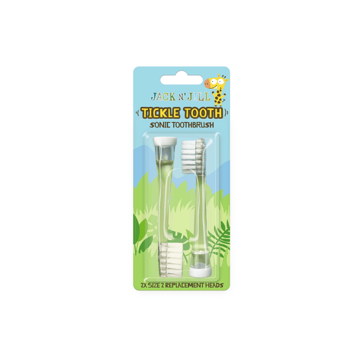 Jack N Jill Tickle Tooth Size 2 Replacement Heads come in clear packaging with a blue sky, green grass design, and a cute giraffe. Each head features soft bristles that gently clean little teeth.