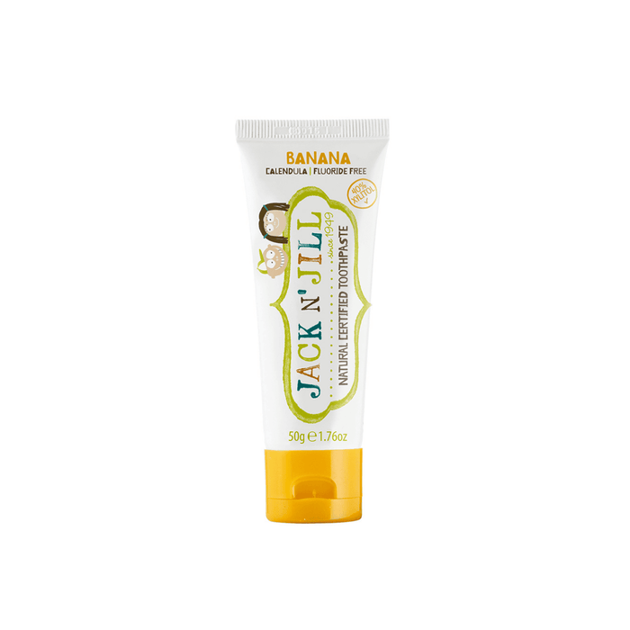 A 50g (1.76oz) tube of Jack N Jill Natural Toothpaste for kids, banana flavor, fluoride free with a yellow cap and cute animal icons on a white background.