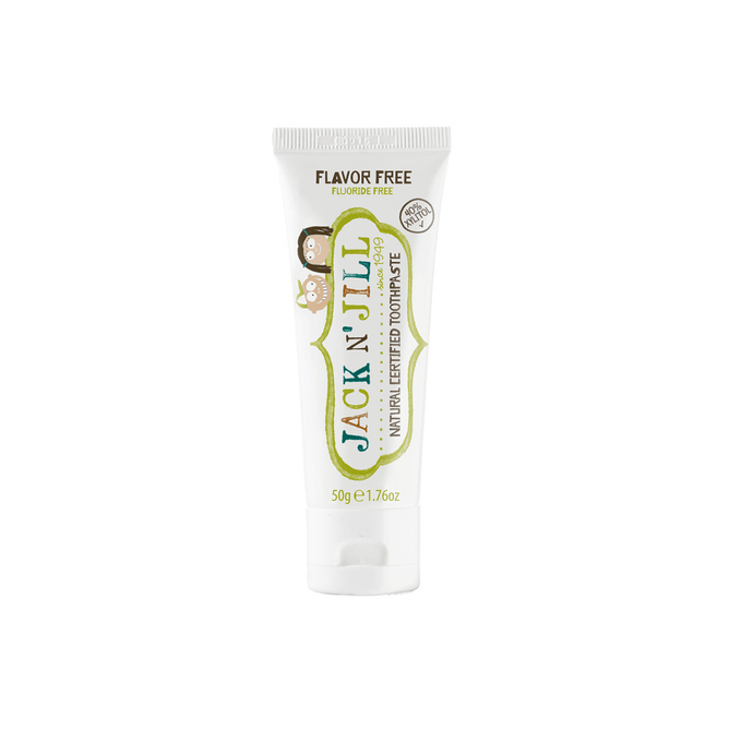 A gentle, fluoride-free kids’ toothpaste in a 50g white tube from Jack N Jill, labeled flavor free with green accents and cartoon animals. Safe and natural—ideal for children’s oral care.