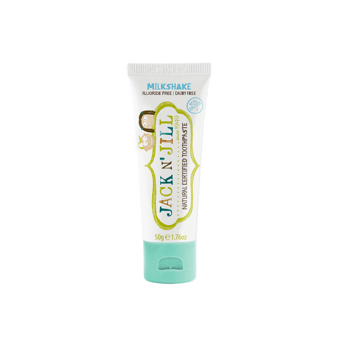 A 50g tube of Jack N Jill Natural Toothpaste, Milkshake flavor, is shown upright. The kids toothpaste features green and white colors, cute animal illustrations, and highlights that it’s fluoride free and dairy free.