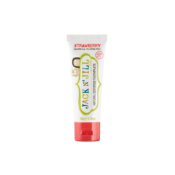 A 50g tube of Jack N Jill Natural Toothpaste for kids, strawberry flavor, with a red cap and cartoon animal illustrations on white packaging. Fluoride-free, certified natural, and contains soothing calendula.