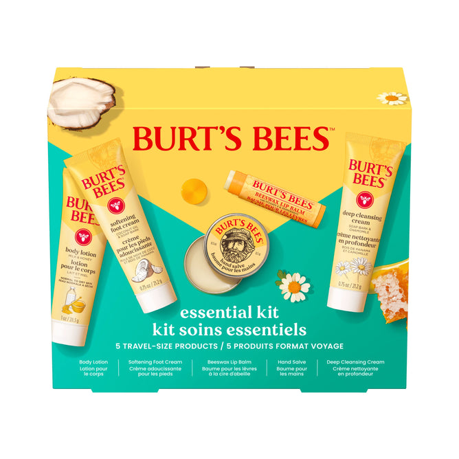 The Burts Bees Essentials Kit includes five travel-size products: body lotion, hand salve, lip balm, foot cream, and deep cleansing cream. The yellow box displays product images with English and French text.
