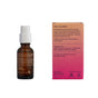 A brown glass dropper bottle of Foria’s Intimacy Awaken Arousal Oil with Organic Botanicals and a gradient box displaying product details, usage instructions, ingredients, and company info are shown against a white background.