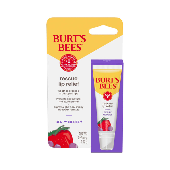 Burt’s Bees Rescue Lip Relief in Berry Medley flavor features a hydrating lip balm tube with berry-themed packaging and branding. Net weight: 0.35 oz (9.92 g).