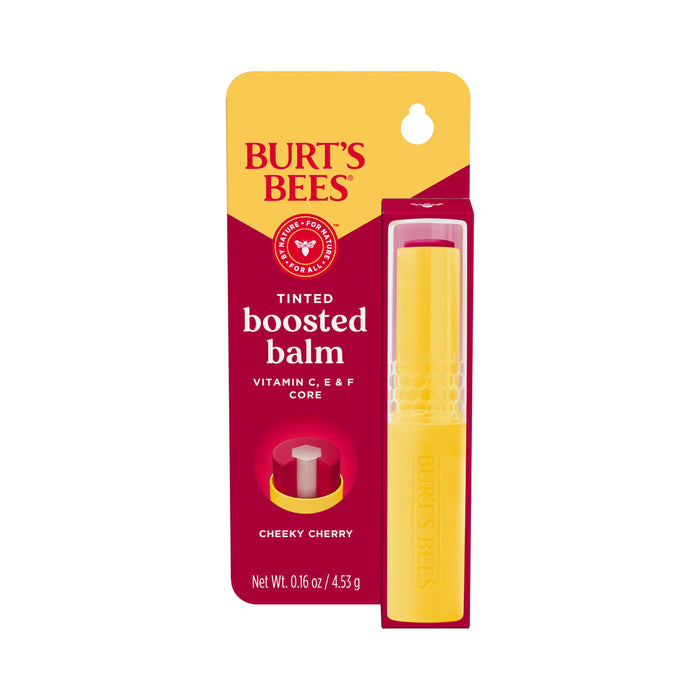 A Burts Bees Boosted Balm in Cheeky Cherry, with a yellow tube, red-tinted cap, and red-yellow packaging emphasizing vitamins C, E & F for natural lip care.