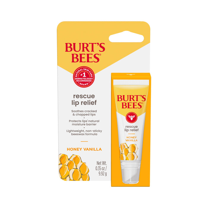 A Burt’s Bees Rescue Lip Relief tube and packaging labeled Honey Vanilla, featuring honeycomb designs and text emphasizing its soothing, protective beeswax formula—a natural lip balm for daily comfort.