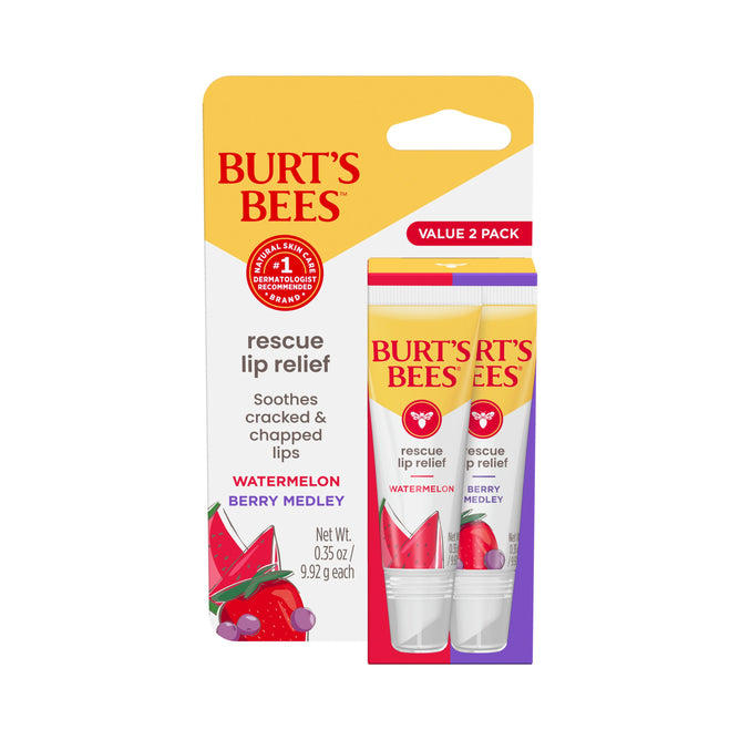 Burt’s Bees Rescue Lip Relief, 2 Pack, includes Watermelon and Berry Medley balms. The set features vibrant fruit-themed packaging—ideal for treating dry lips.