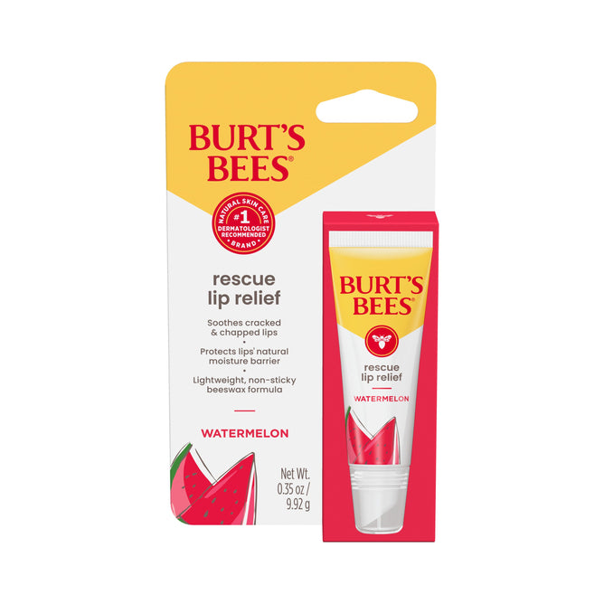 A package and tube of Burt’s Bees Rescue Lip Relief, a natural lip balm to soothe and protect dry lips, shown in Watermelon flavor with a watermelon slice image and product details on a white background.