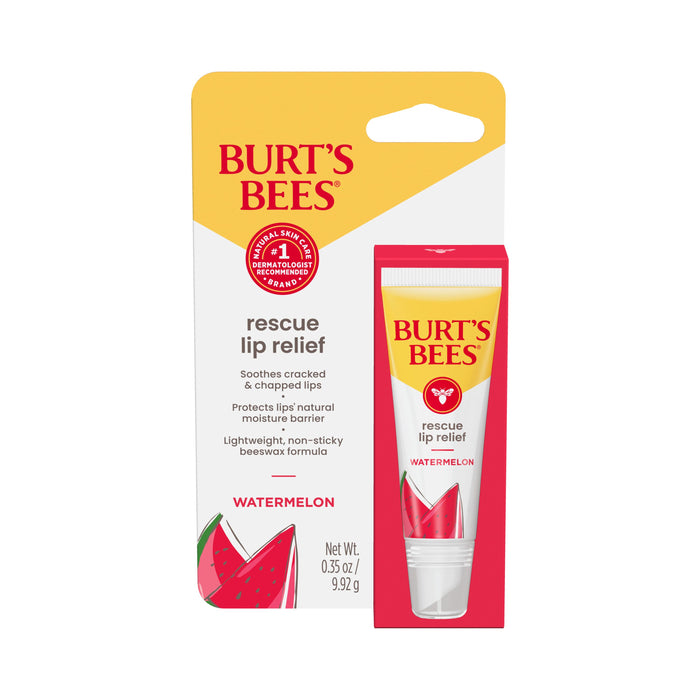 A package and tube of Burt’s Bees Rescue Lip Relief, a natural lip balm to soothe and protect dry lips, shown in Watermelon flavor with a watermelon slice image and product details on a white background.