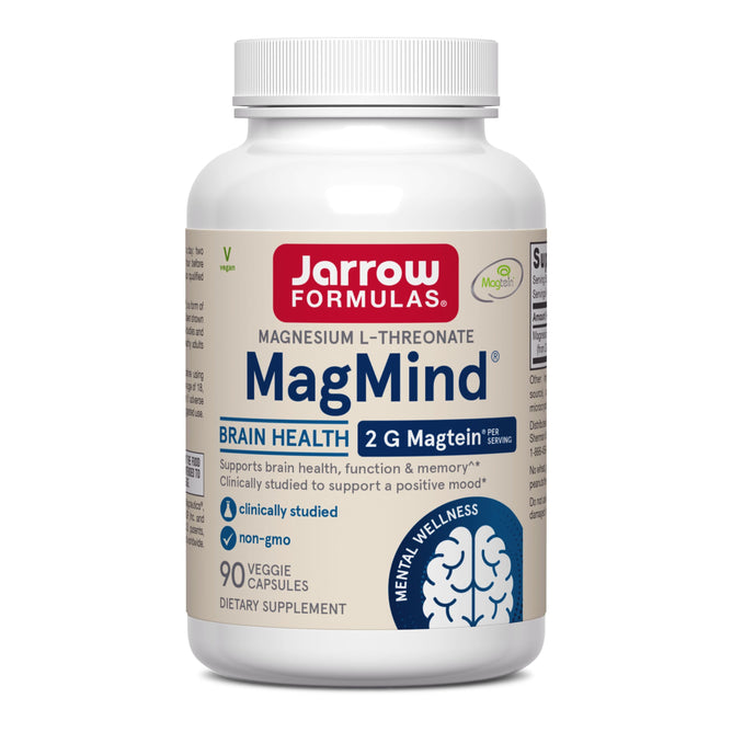 A white bottle of Jarrow MagMind Brain Health with Magtein (Magnesium L-Threonate) contains 90 capsules; the label highlights brain health benefits and features a brain graphic with wellness icons.