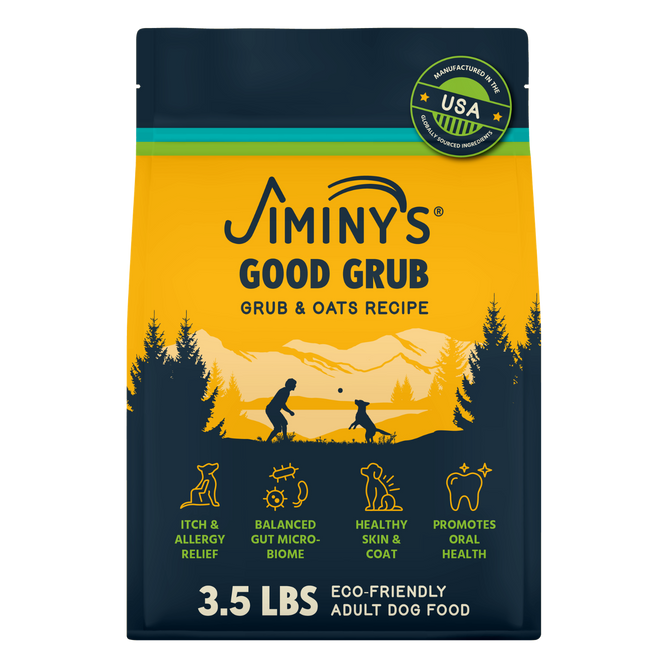 A 3.5-lb bag of Jiminy's Good Grub Dry Dog Food for adults, featuring allergy relief, healthy skin & coat benefits, and a yellow-blue mountain design with icons for itch relief, gut health, oral health, plus a "Made in USA" label.
