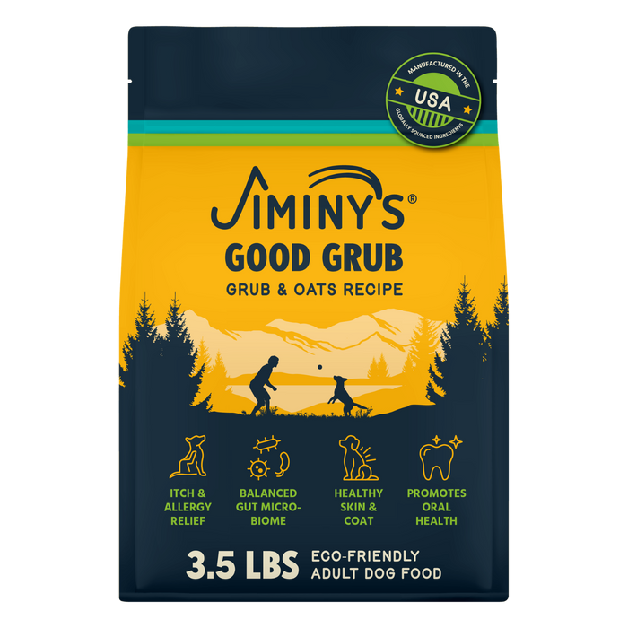 A 3.5-lb bag of Jiminy's Good Grub Dry Dog Food for adults, featuring allergy relief, healthy skin & coat benefits, and a yellow-blue mountain design with icons for itch relief, gut health, oral health, plus a "Made in USA" label.
