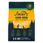 A 3.5-lb bag of Jiminy's Good Grub Dry Dog Food for adults, featuring allergy relief, healthy skin & coat benefits, and a yellow-blue mountain design with icons for itch relief, gut health, oral health, plus a "Made in USA" label.