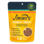 A yellow and orange pouch labeled Jiminy's Crunchy Peanut Butter & Blueberry Cricket Dog Treat, featuring grain-free, gut-friendly, low-calorie, sustainable dog treats made in the USA; 5 oz.