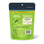 Back of a Jiminy's Chewy Sweet Potato & Peas Training Treats bag with text highlighting cricket protein, training treats for small dogs, reduced carbon pawprint, nutrition and ingredients info, social media handles, and website.