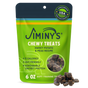 A green and yellow bag of Jiminy’s Chewy Sweet Potato & Peas Training Treats, 6 oz, with images of the treats; just 3 calories each—ideal for small dog training—with sustainable cricket protein.