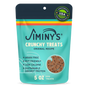 A blue, yellow, red, and turquoise pouch labeled Jiminy’s Crunchy Original Cricket Dog Treat features bone-shaped, grain-free treats for dogs made with gut-friendly, low-calorie ingredients and sustainable cricket protein.