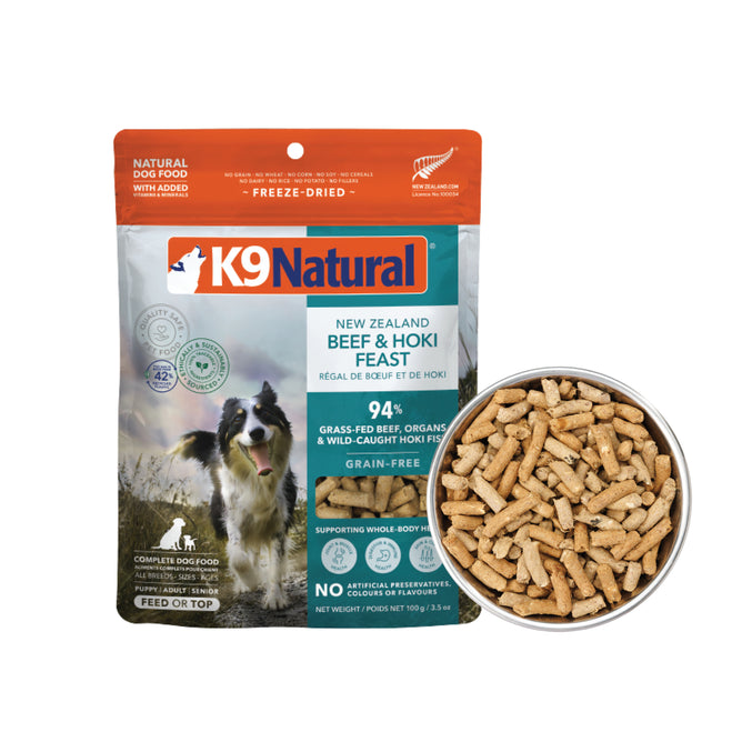 A bag of K9 Natural Dog Food - Grain-Free, Freeze-Dried is shown next to a bowl of kibble. The packaging features a dog and product details on a white background.