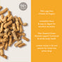 Pile of stick-shaped K9 Natural Grain-Free Freeze-Dried dog food on a light surface. Made with 94% real, cage-free chicken and organs, added green mussels, low fat/calorie for less active dogs, natural support for sensitive stomachs.