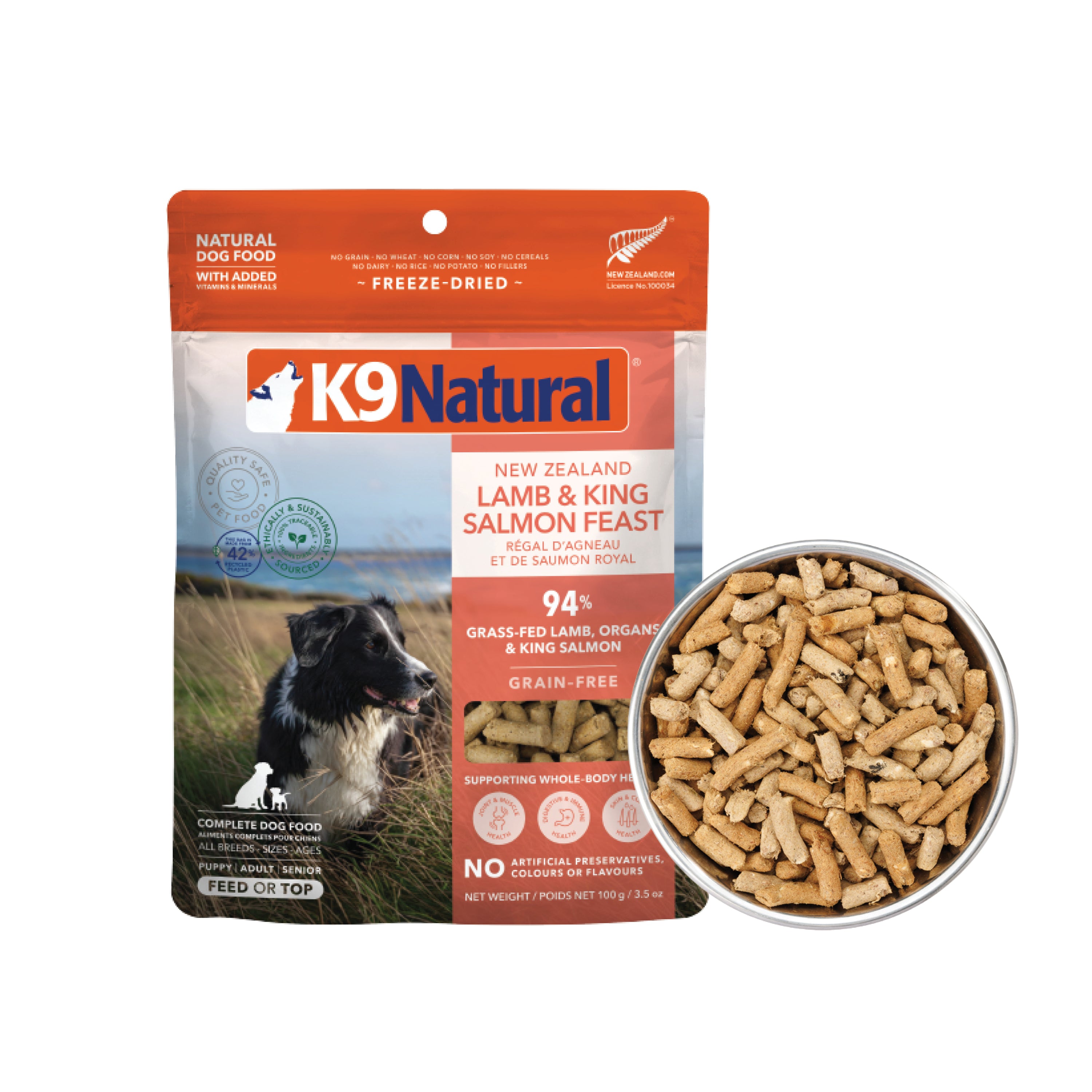 A bag of K9 Natural Dog Food - Grain-Free, Freeze-Dried stands next to a bowl filled with the food. This natural New Zealand dog food is made with grass-fed lamb and king salmon.