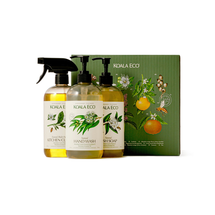 The Koala Eco Nature Studies Home Starter Set includes three cleaning products, each with botanical illustrations on their labels, displayed in front of a green box featuring citrus and plant artwork.