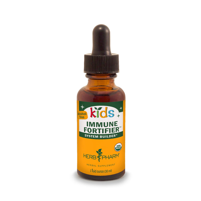 A 1 fl oz (30 ml) brown glass dropper bottle of Herb Pharm Kids Immune Fortifier, an alcohol-free herbal supplement with Echinacea.