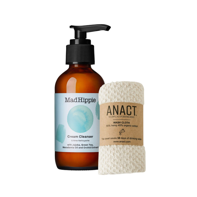 The Grove Collaborative Cream Cleanser + Wash Cloth Set features a brown pump cleanser bottle and a cream-colored wash cloth, both ideal for your skincare routine.