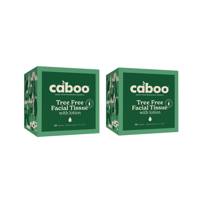 Two green cubes of Caboo Buy One, Get One Free - Tree Free Lotion Facial Tissue, each with 50 lint-free 3-ply tissues. Boxes display the brand and highlight they're made from renewable bamboo.